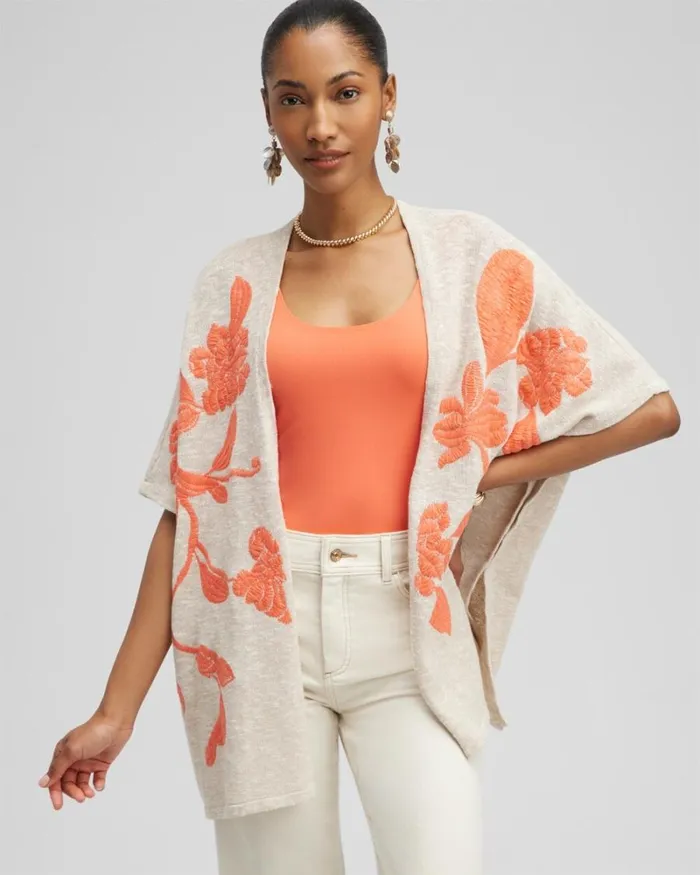 Chico039s Ponchos and Ruanas Embroidered Knit Ruana Neutral 8211 Shoes and Accessories