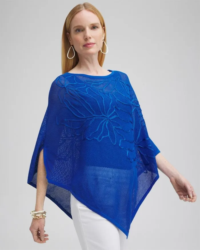 Chico039s Ponchos and Ruanas Embroidered Knit Triangle Poncho Intense Azure 8211 Shoes and Accessories