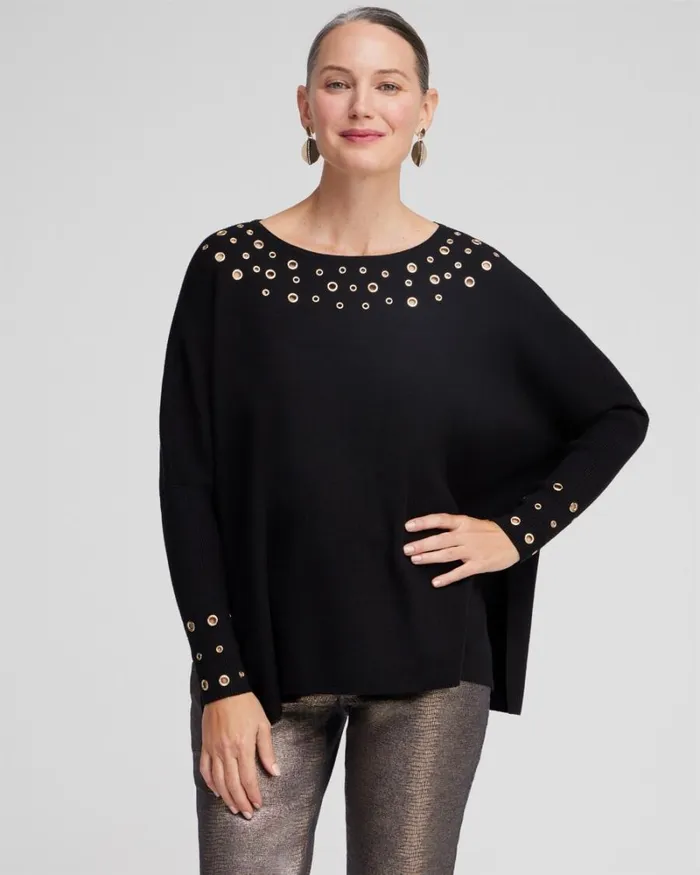 Chico039s Ponchos and Ruanas Grommet Detail Sweater Poncho Black 8211 Shoes and Accessories