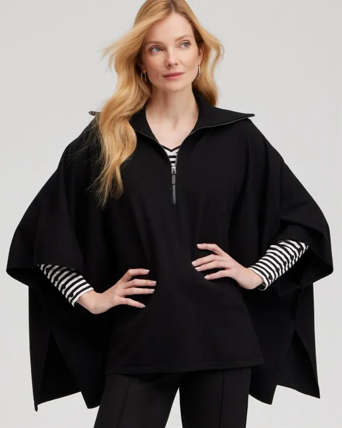Chico039s Ponchos and Ruanas Zip Collar Sweater Poncho Black 8211 Shoes and Accessories