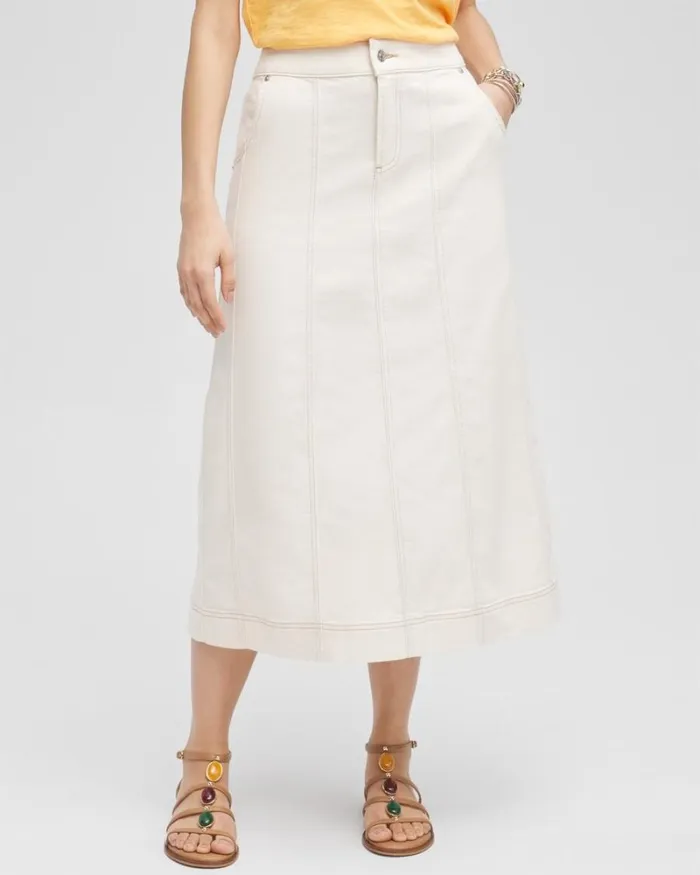 Chico039s Skirts Seeded Denim Midi Skirt Natural Seeded 8211 Clothing