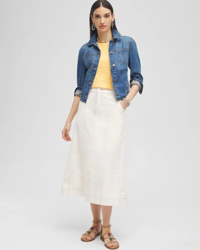 Chico039s Skirts Seeded Denim Midi Skirt Natural Seeded 8211 Clothing
