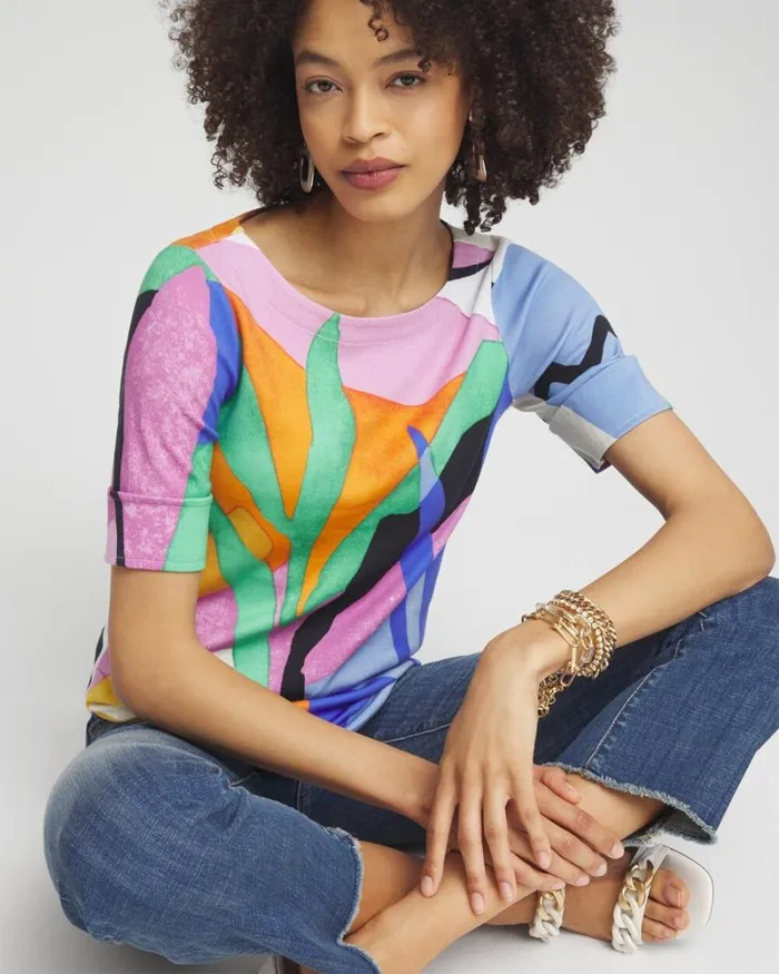 Chico039s Tees Tropical Bateau Neck Tee Purple Nightshade 8211 Clothing