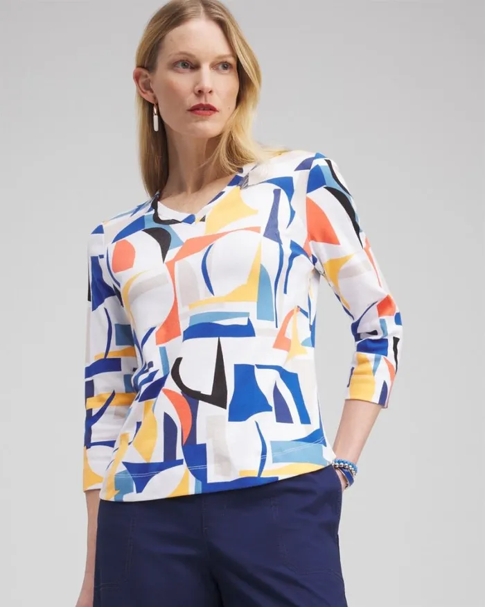 Chico039s Tops Abstract Everyday 34 Sleeve Tee Intense Azure 8211 Clothing