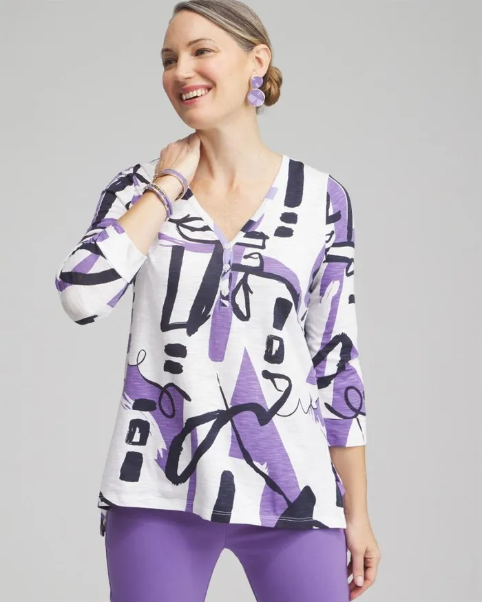 Chico039s Tops Abstract Henley Side Slit Tunic Alabaster 8211 Clothing