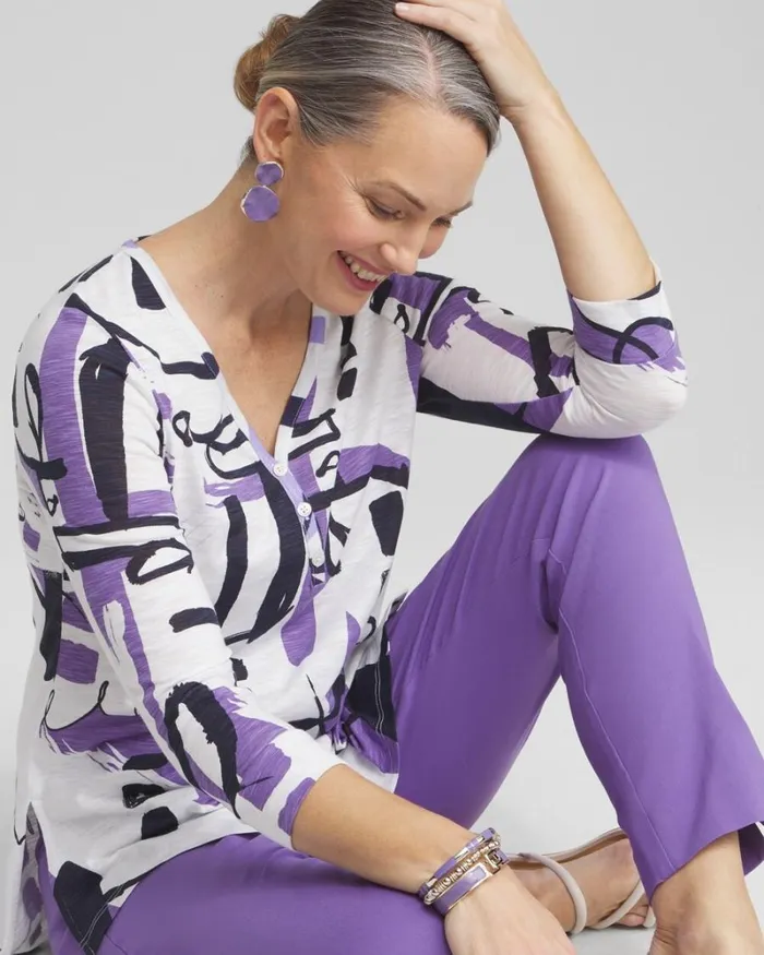 Chico039s Tops Abstract Henley Side Slit Tunic Alabaster 8211 Clothing