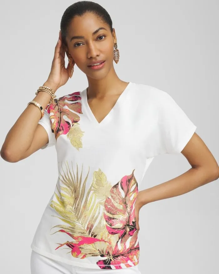 Chico039s Tops Dolman Foil Leaf Print Tee Alabaster 8211 Clothing