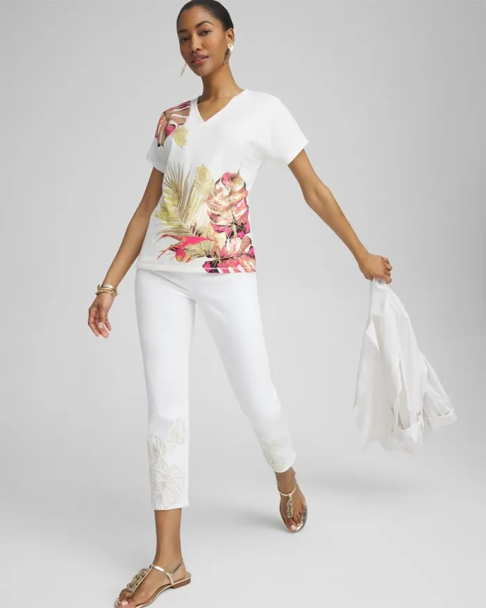 Chico039s Tops Dolman Foil Leaf Print Tee Alabaster 8211 Clothing
