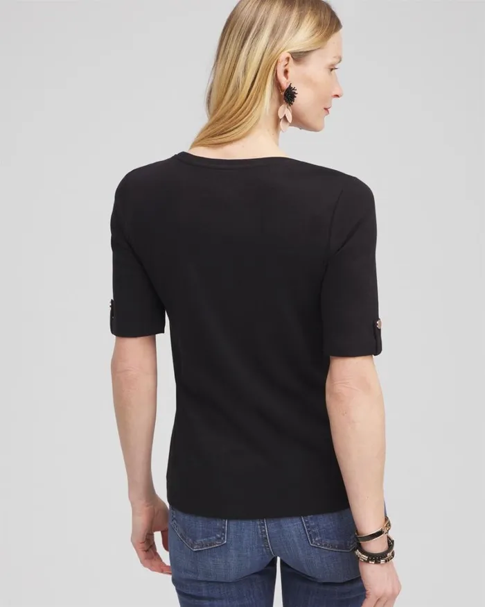 Chico039s Tops Elbow Sleeve Cotton Tee Black 8211 Clothing