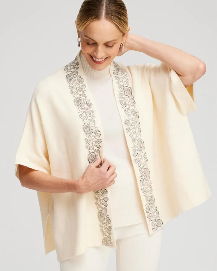 Chico039s Tops Embellished Placket Sweater Ruana English Cream 8211 Clothing