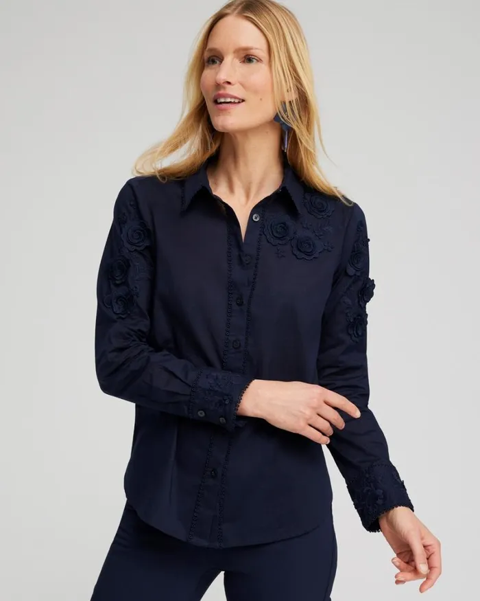 Chico039s Tops Floral Applique Blouse Classic Navy 8211 Clothing