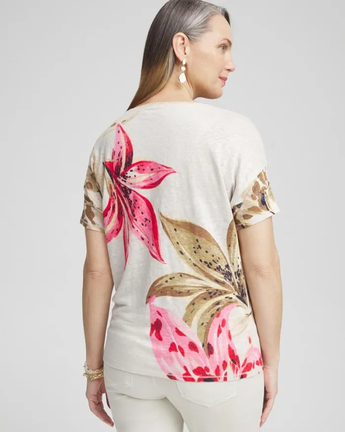 Chico039s Tops Floral Sweater Trim Linen Tee River Rock 8211 Clothing