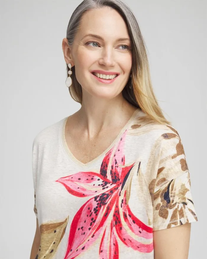 Chico039s Tops Floral Sweater Trim Linen Tee River Rock 8211 Clothing