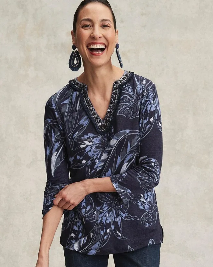 Chico039s Tops Linen Floral Embellished Tunic Classic Navy 8211 Clothing