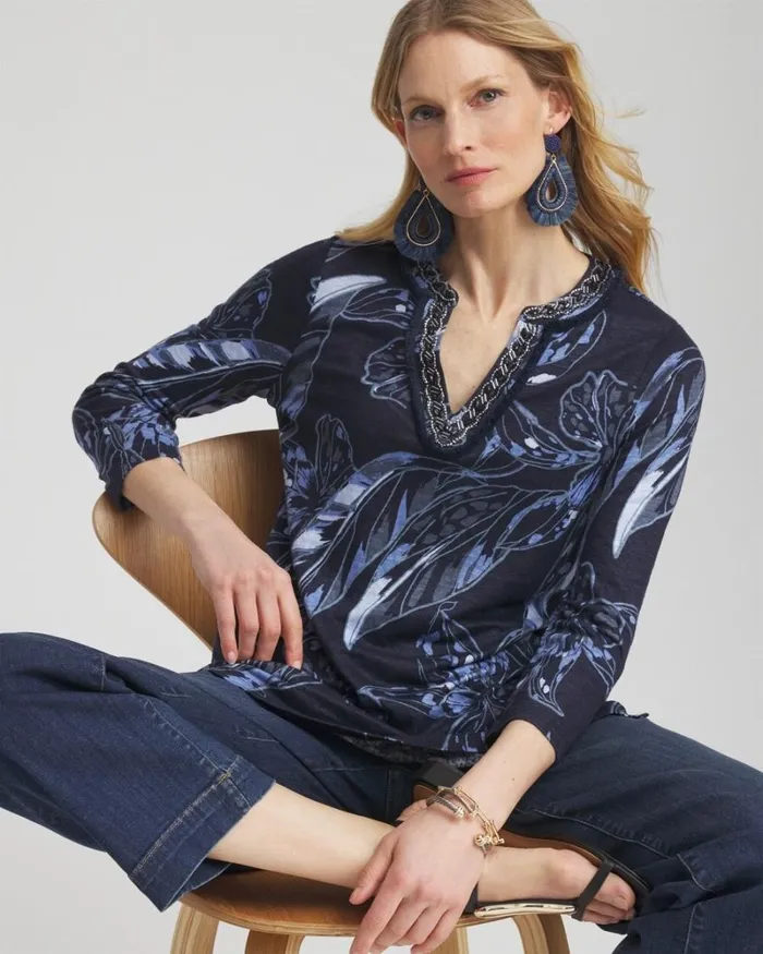 Chico039s Tops Linen Floral Embellished Tunic Classic Navy 8211 Clothing