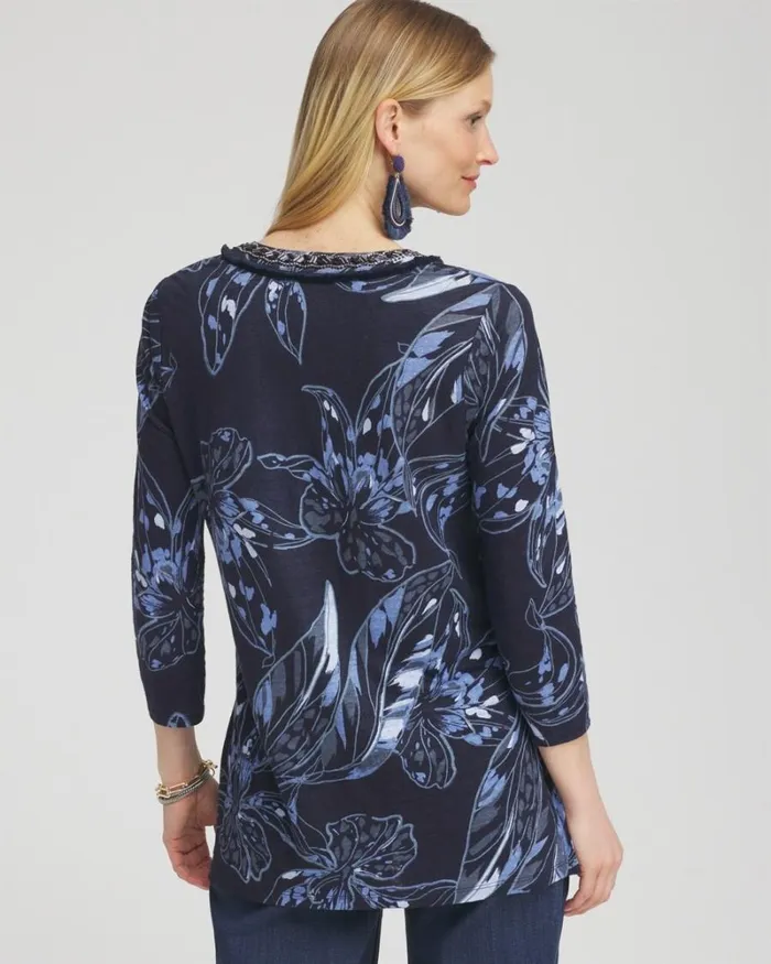 Chico039s Tops Linen Floral Embellished Tunic Classic Navy 8211 Clothing