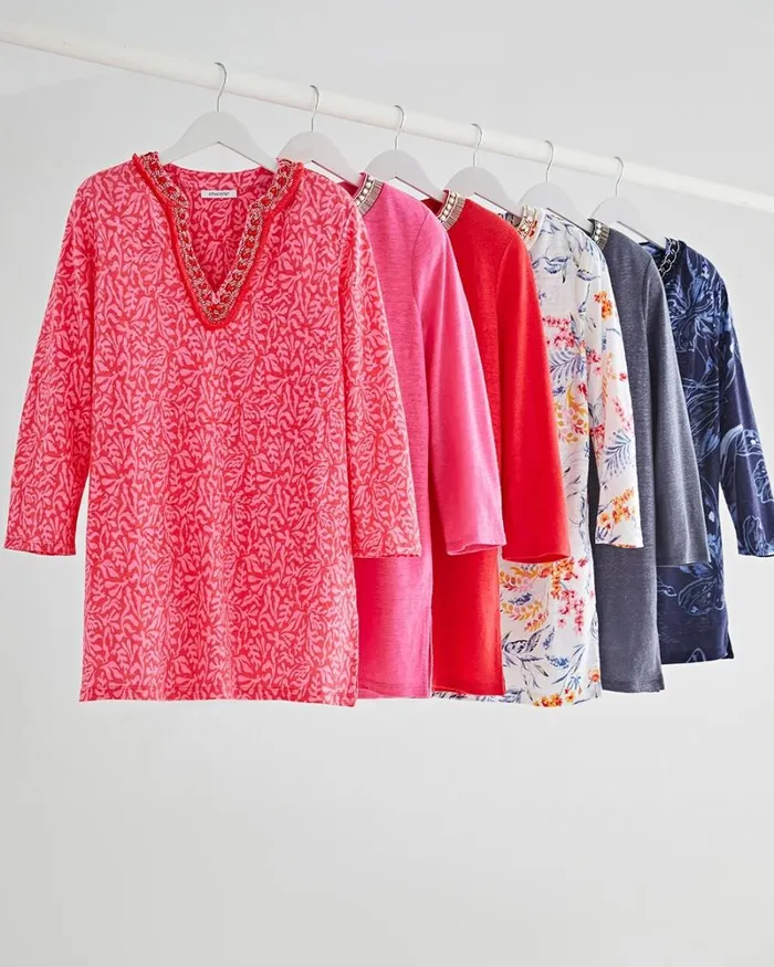 Chico039s Tops Linen Floral Embellished Tunic Classic Navy 8211 Clothing