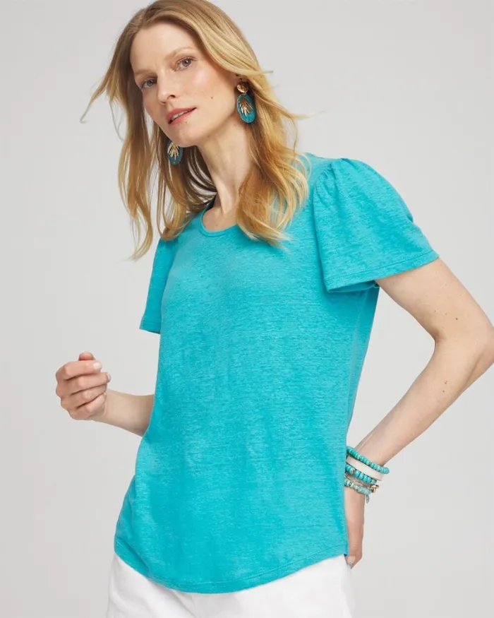 Chico039s Tops Linen Flutter Sleeve Tee Oceano 8211 Clothing