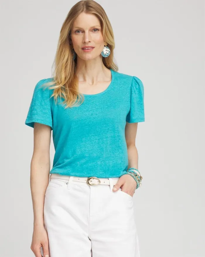 Chico039s Tops Linen Flutter Sleeve Tee Oceano 8211 Clothing
