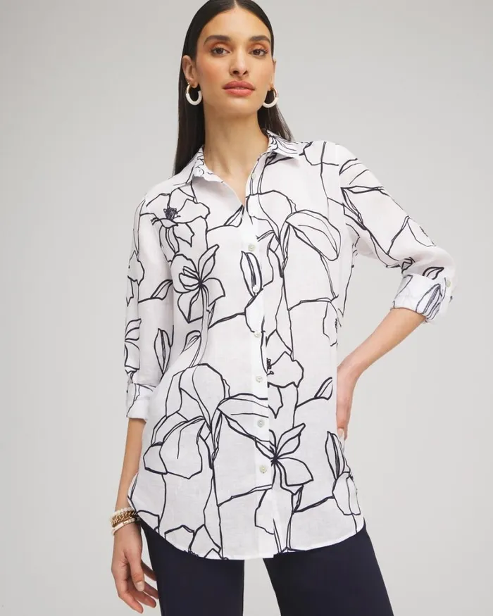 Chico039s Tops No Iron Linen Floral Tunic Optic White 8211 Clothing