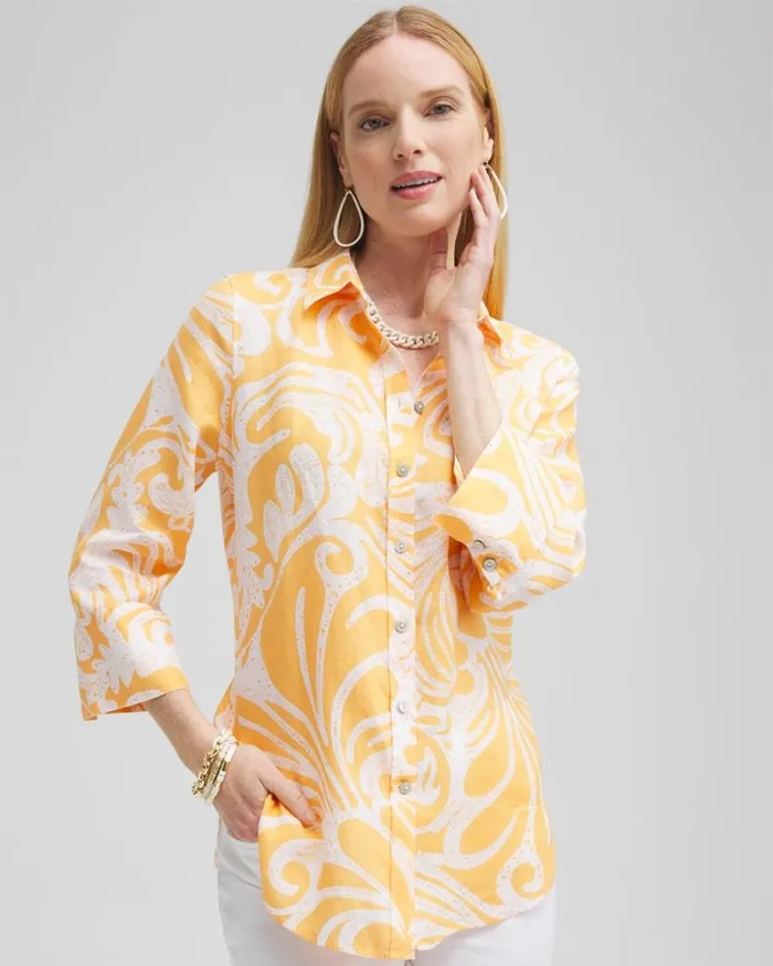 Chico039s Tops No Iron Linen Scroll 34 Sleeve Shirt Mango Sorbet 8211 Clothing