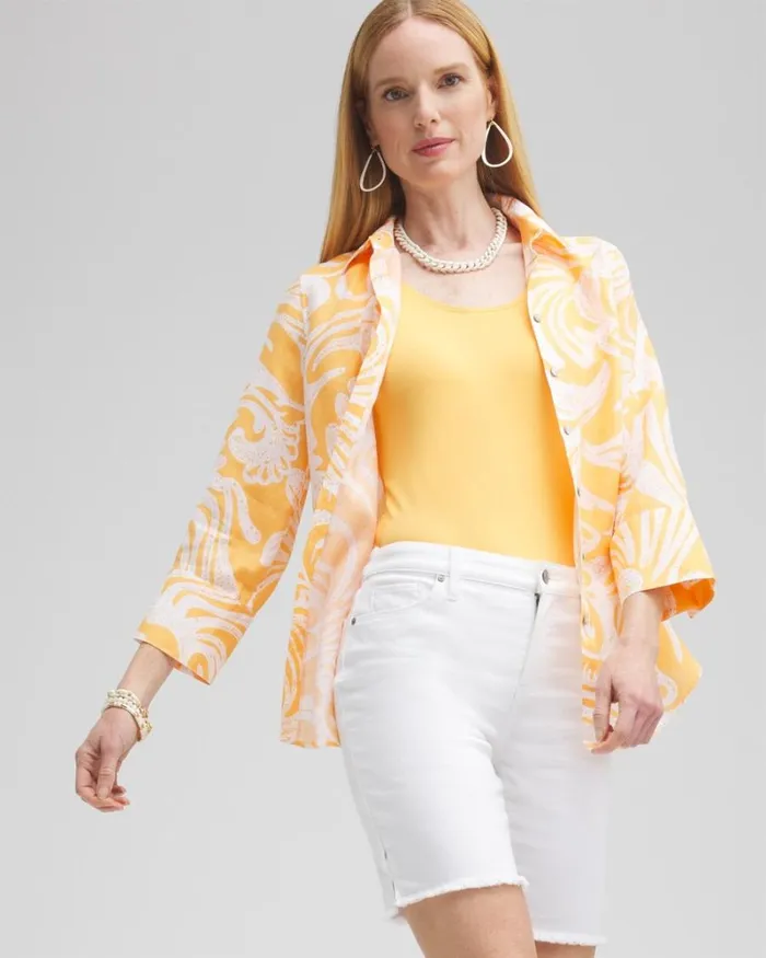 Chico039s Tops No Iron Linen Scroll 34 Sleeve Shirt Mango Sorbet 8211 Clothing