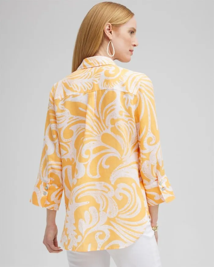 Chico039s Tops No Iron Linen Scroll 34 Sleeve Shirt Mango Sorbet 8211 Clothing