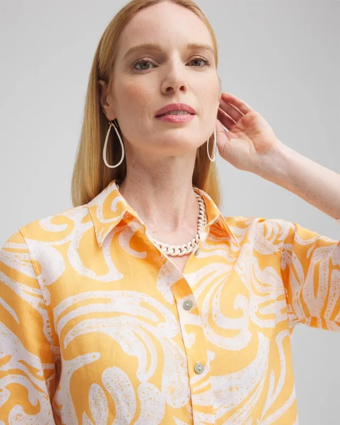 Chico039s Tops No Iron Linen Scroll 34 Sleeve Shirt Mango Sorbet 8211 Clothing
