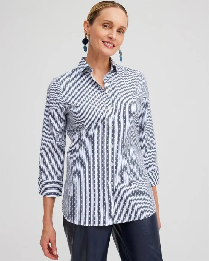 Chico039s Tops No Iron Stretch Dot Stripe Shirt Azores Blue 8211 Clothing