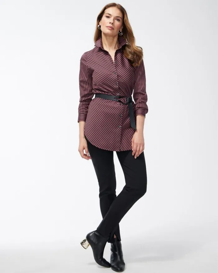 Chico039s Tops No Iron Stretch Sable Imperial Stripe Tunic Sable Brown 8211 Clothing