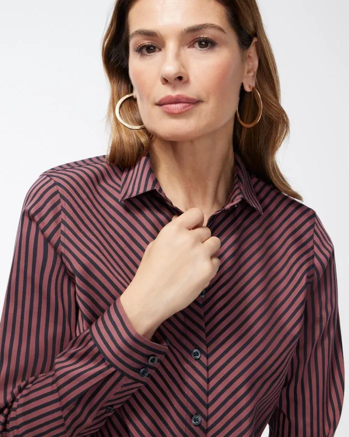 Chico039s Tops No Iron Stretch Sable Imperial Stripe Tunic Sable Brown 8211 Clothing