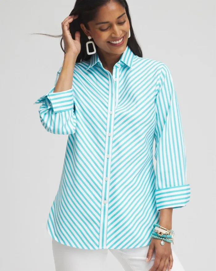 Chico039s Tops No Iron Stretch Stripe Shirt Oceano 8211 Clothing