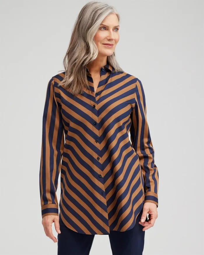 Chico039s Tops No Iron Stretch Stripe Tunic Classic Navy 8211 Clothing
