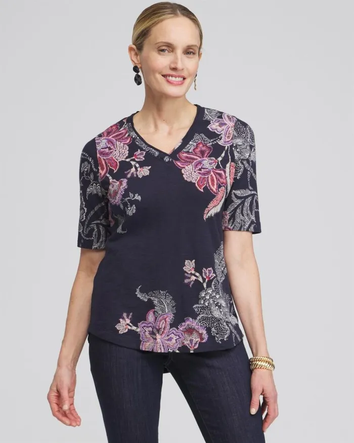 Chico039s Tops Placed Floral Elbow Sleeve Aline Tee Ginger Rose 8211 Clothing Chico039s Tops Placed Floral Elbow Sleeve Aline Tee Ginger Rose 8211 Clothing