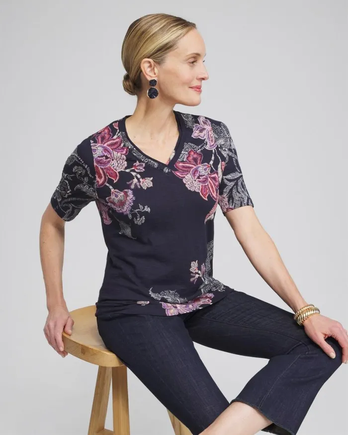 Chico039s Tops Placed Floral Elbow Sleeve Aline Tee Ginger Rose 8211 Clothing Chico039s Tops Placed Floral Elbow Sleeve Aline Tee Ginger Rose 8211 Clothing