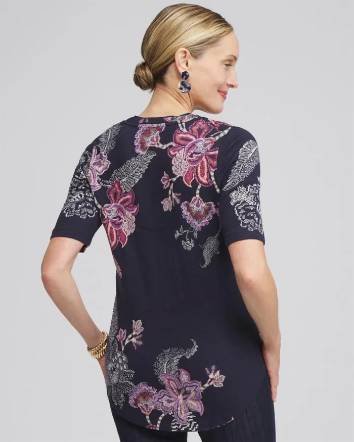 Chico039s Tops Placed Floral Elbow Sleeve Aline Tee Ginger Rose 8211 Clothing Chico039s Tops Placed Floral Elbow Sleeve Aline Tee Ginger Rose 8211 Clothing