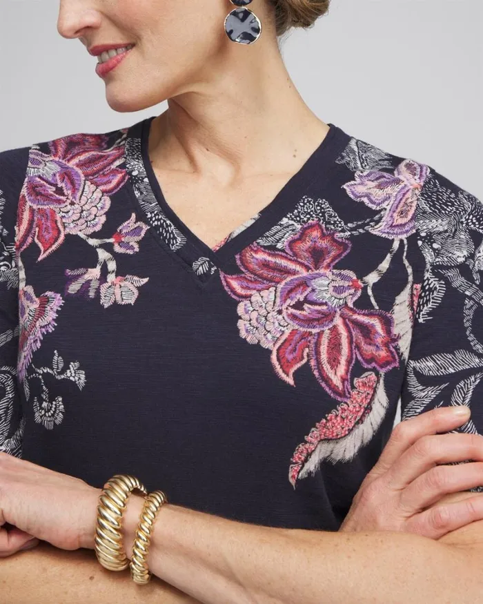 Chico039s Tops Placed Floral Elbow Sleeve Aline Tee Ginger Rose 8211 Clothing Chico039s Tops Placed Floral Elbow Sleeve Aline Tee Ginger Rose 8211 Clothing