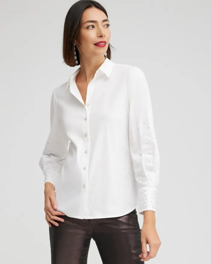 Chico039s Tops Poplin Embellished Sleeve Shirt Alabaster 8211 Clothing