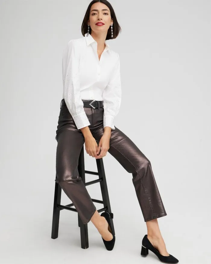 Chico039s Tops Poplin Embellished Sleeve Shirt Alabaster 8211 Clothing
