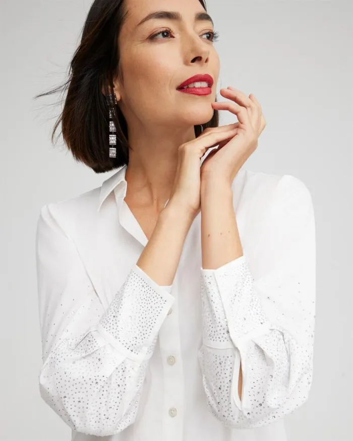 Chico039s Tops Poplin Embellished Sleeve Shirt Alabaster 8211 Clothing