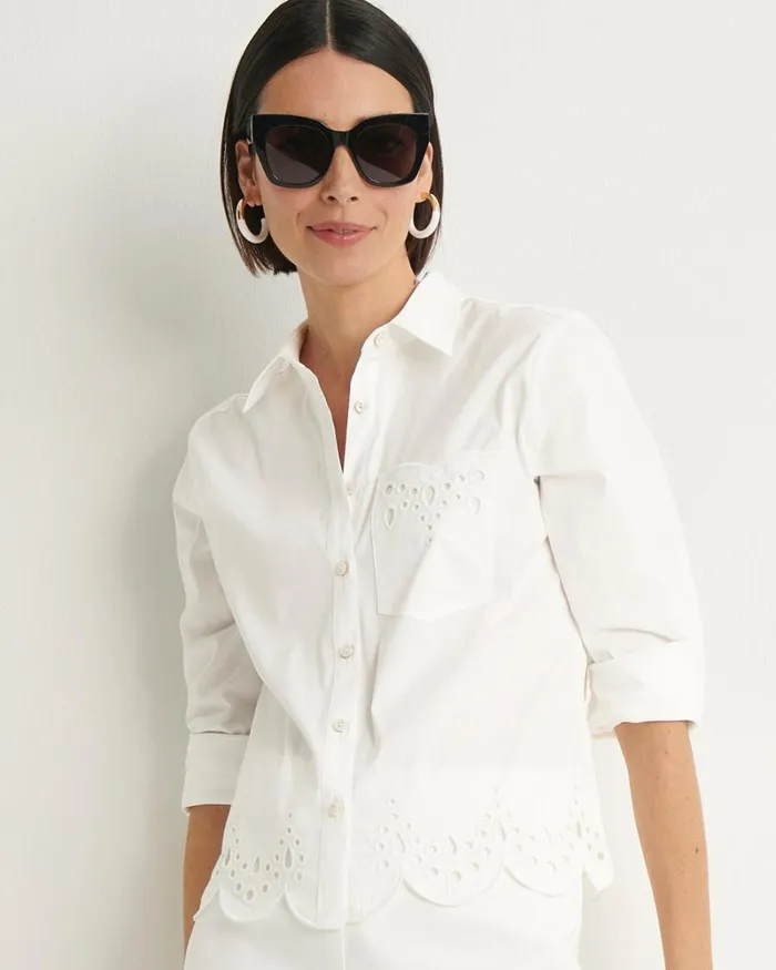 Chico039s Tops Poplin Eyelet Hem Shirt Alabaster 8211 Clothing