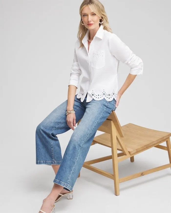 Chico039s Tops Poplin Eyelet Hem Shirt Alabaster 8211 Clothing