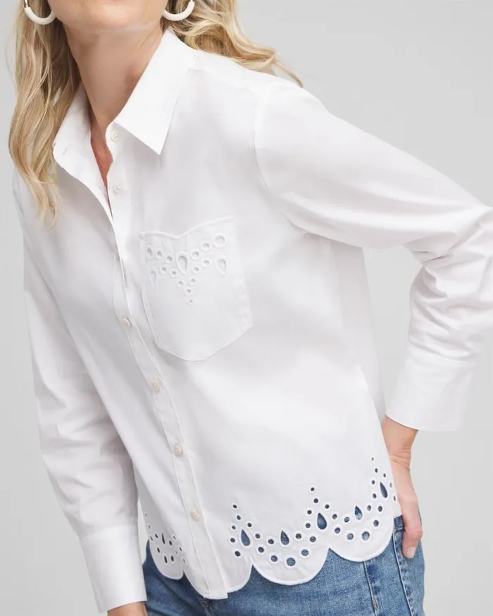 Chico039s Tops Poplin Eyelet Hem Shirt Alabaster 8211 Clothing
