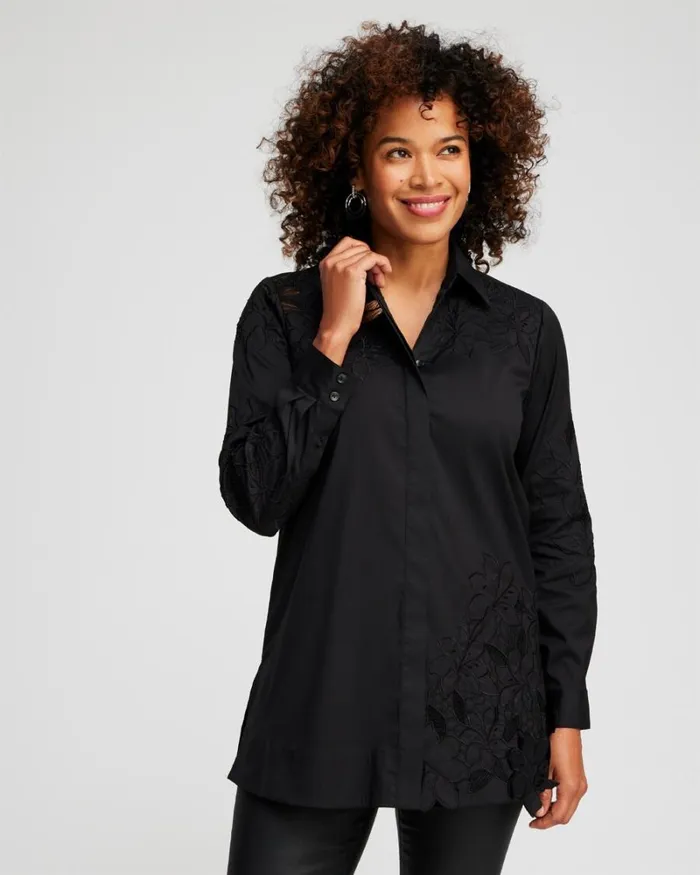 Chico039s Tops Poplin Lace Tunic Black 8211 Clothing