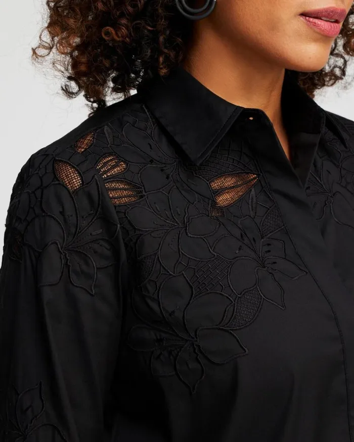 Chico039s Tops Poplin Lace Tunic Black 8211 Clothing