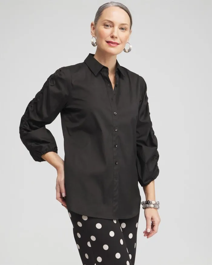 Chico039s Tops Poplin Ruched Sleeve Shirt Black 8211 Clothing