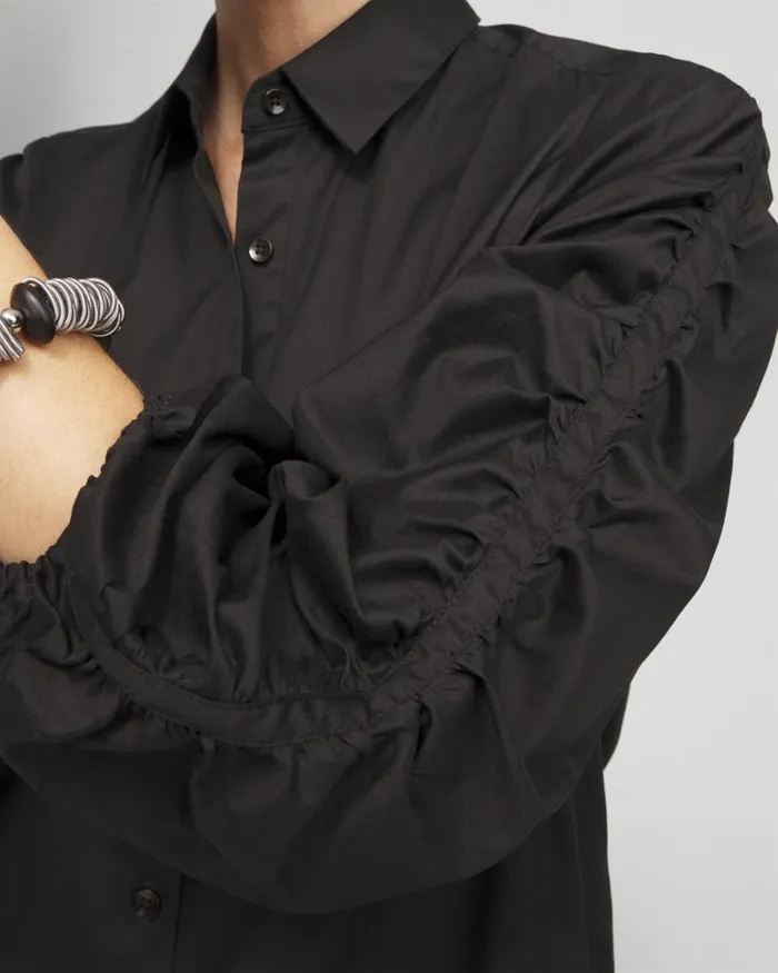 Chico039s Tops Poplin Ruched Sleeve Shirt Black 8211 Clothing