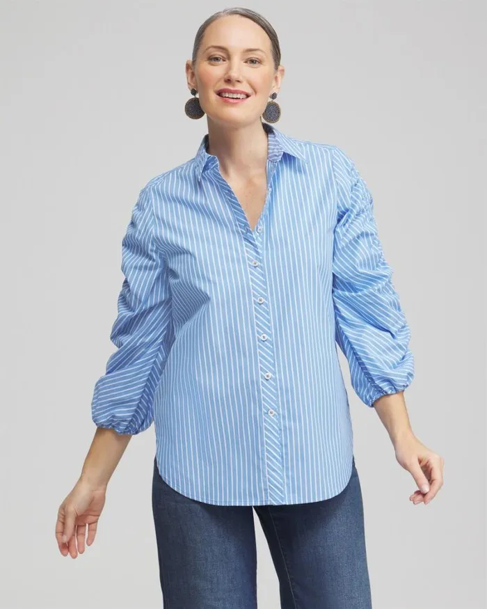 Chico039s Tops Poplin Stripe Ruched Sleeve Shirt French Blue 8211 Clothing