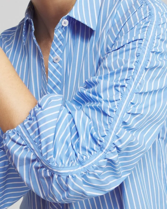 Chico039s Tops Poplin Stripe Ruched Sleeve Shirt French Blue 8211 Clothing