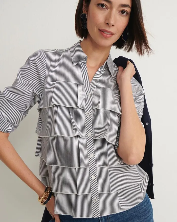 Chico039s Tops Poplin Stripe Ruffle Shirt Classic Navy 8211 Clothing